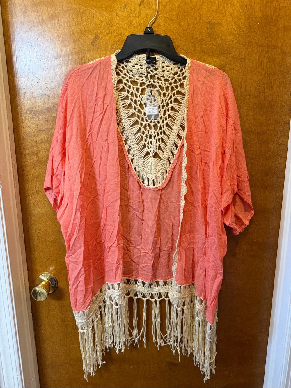Coral pink boho crochet fringe open front lightweight poncho women’s o/s new